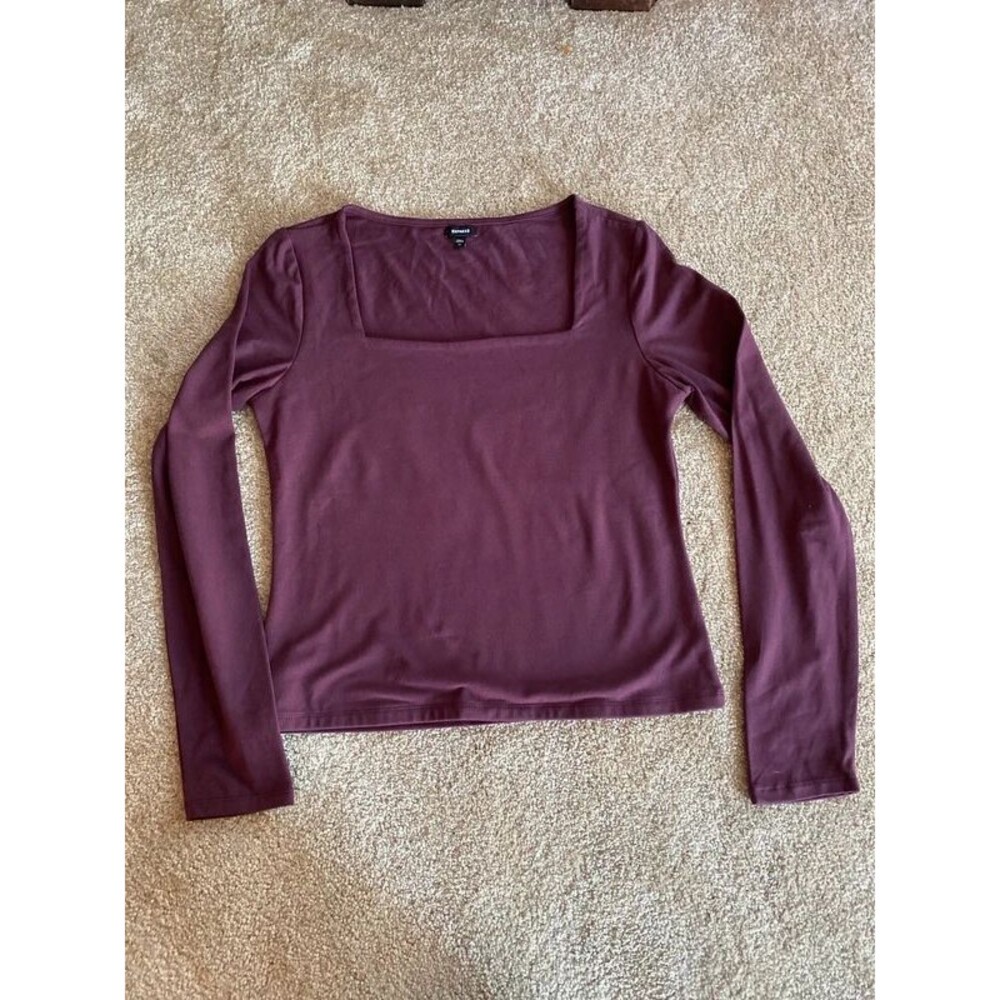 Express Women M Plum Square Neck Long Sleeve Top Basic Layering Tee
